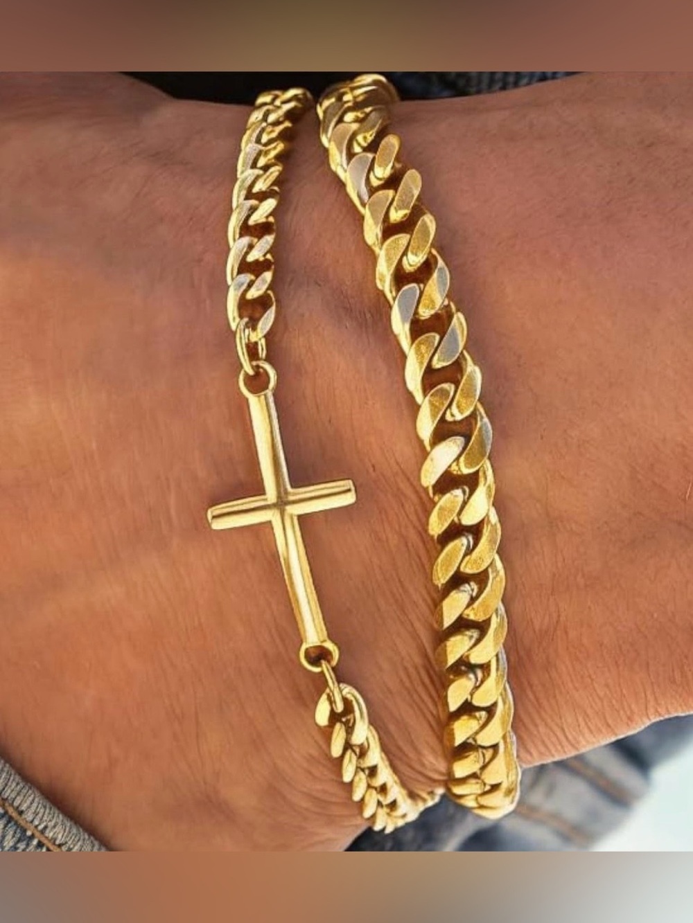 Anthropologie Gold Cross and Curb Chain Bracelet Set